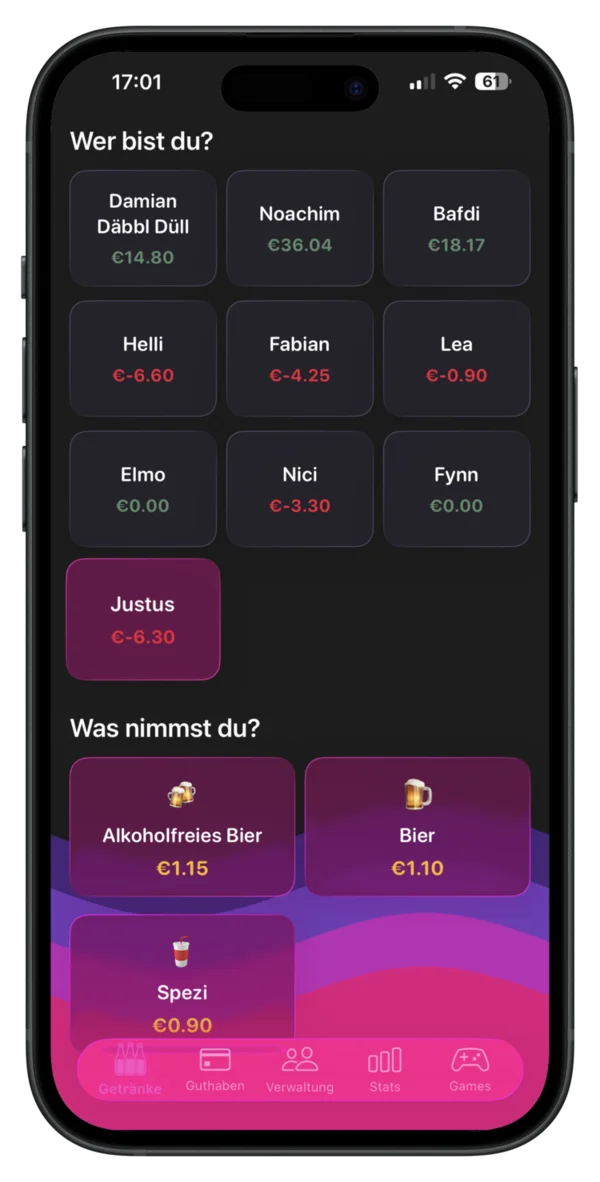 DeepTab App — Getränke-Tracking Interface
